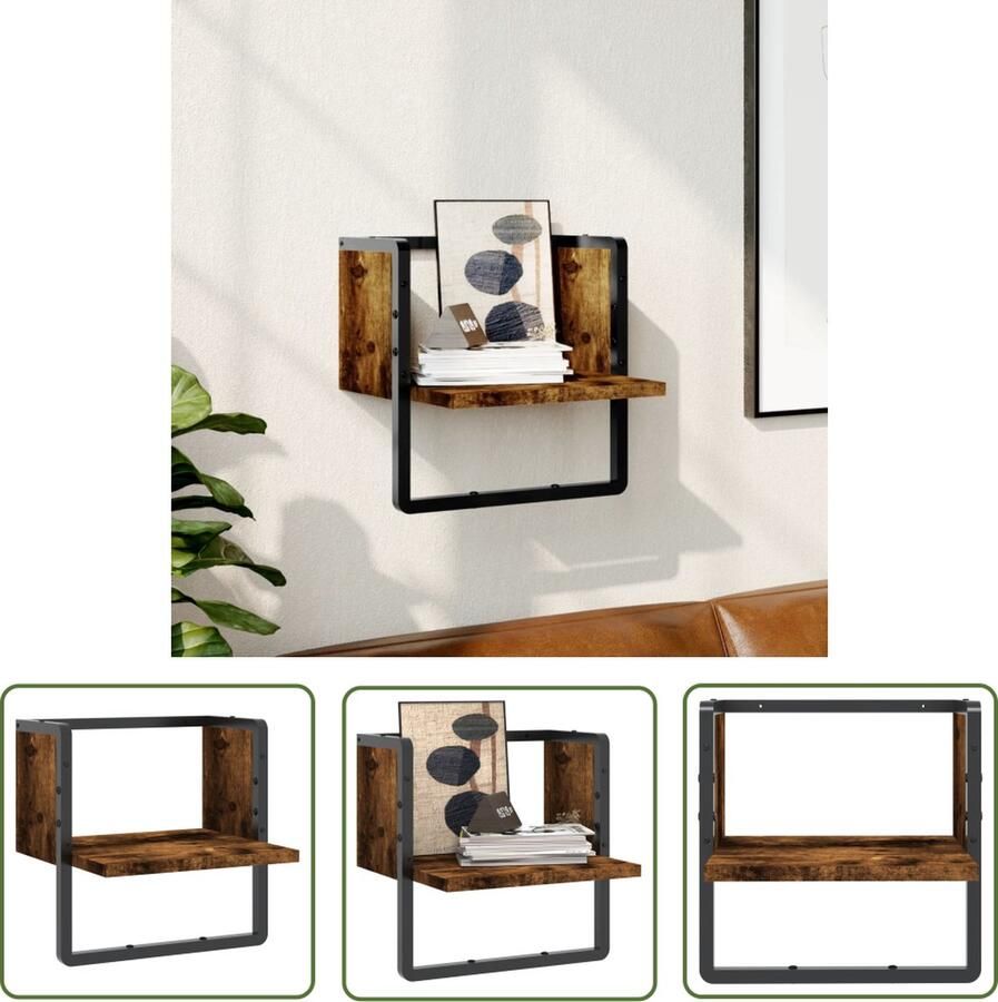 The Living Store Wandschap met stang 30x25x30 cm gerookt eikenkleurig Wanddecoratie Houten Wandplank Zwevend Plankje Bergruimte Opslagmogelijkheden