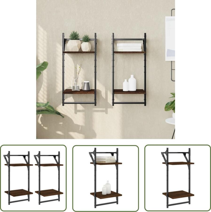 The Living Store Wandschappen 2-laags met stangen 2 st 30x25x65 cm bruineiken Wanddecoratie Wandplanken Houten Wandopbergen Bruine Meubels Livingaccessoires - Foto 2