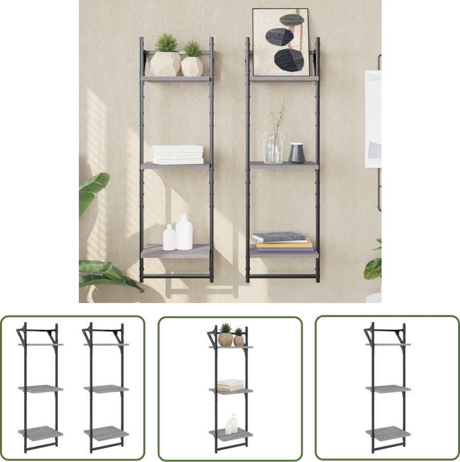 The Living Store Wandschappen 3-laags met stangen 2 st 30x25x100 cm grijs sonoma Zwevende Wandkast Houten Wanddecoratie Wandplanken Grijze Woondecoratie Badkamer Accessoires