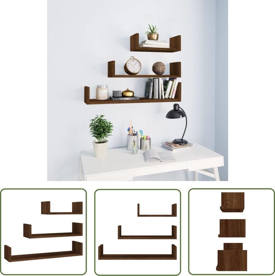 The Living Store Wandschappen 3 st bewerkt hout bruin eikenkleur Wanddecoratie Houten Wandplank Bruine Eiken Meubels Badkamerkastje Keukenkastjes
