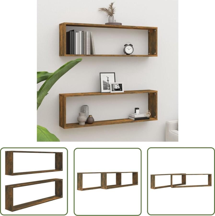VidaXL Houten Wandplank Wanddecoratie Wandschappen kubus 2 st 100x15x30 cm bewerkt hout gerookt eiken Bergruimte Kastjes Woonaccessoires