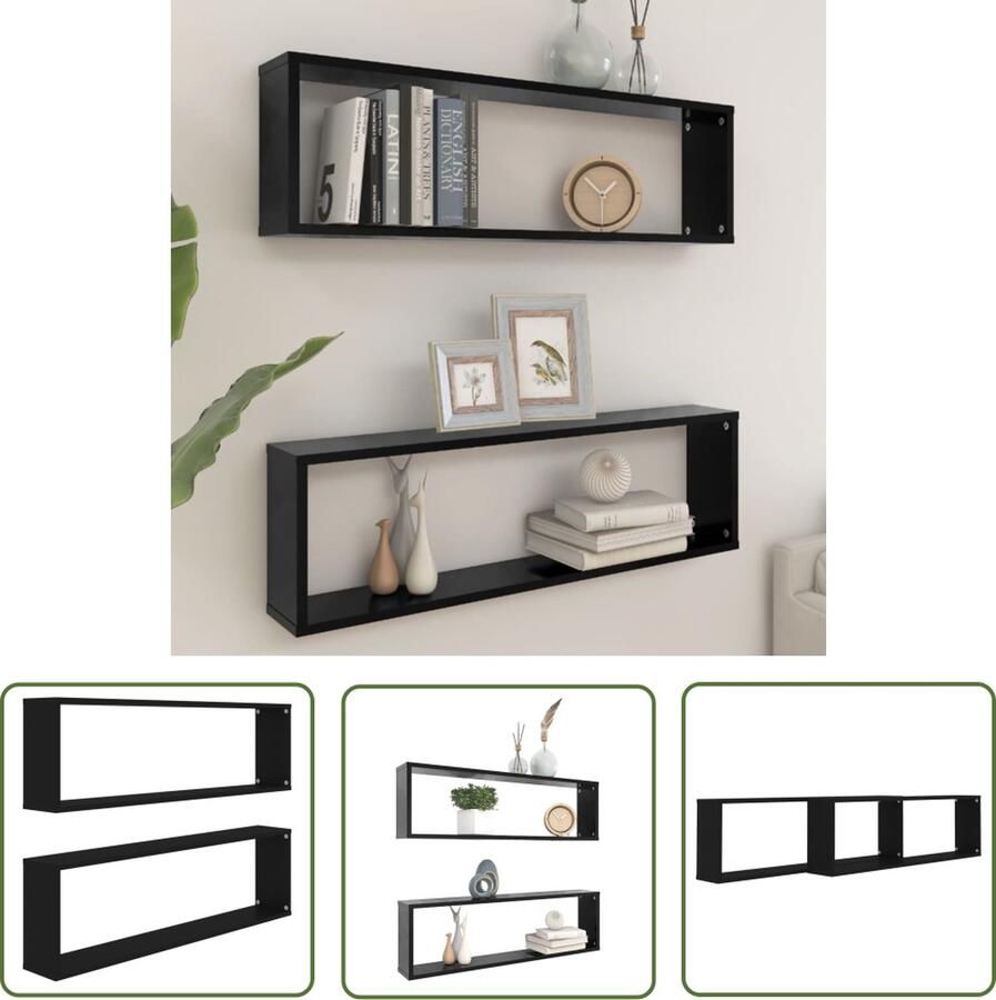 The Living Store Wandschappen kubus 2 st 100x15x30 cm bewerkt hout zwart Wanddecoratie Kasten Opbergkast Kubusschilderij Zwarte Kast