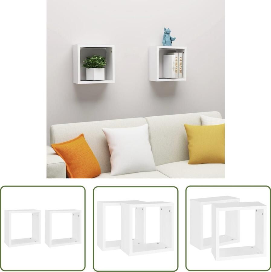 The Living Store Wandschappen kubus 2 st 30x15x30 cm wit Kubus Wanden Wanddecoratie Houten Wandplank Hangend Rek Woonaccessoires