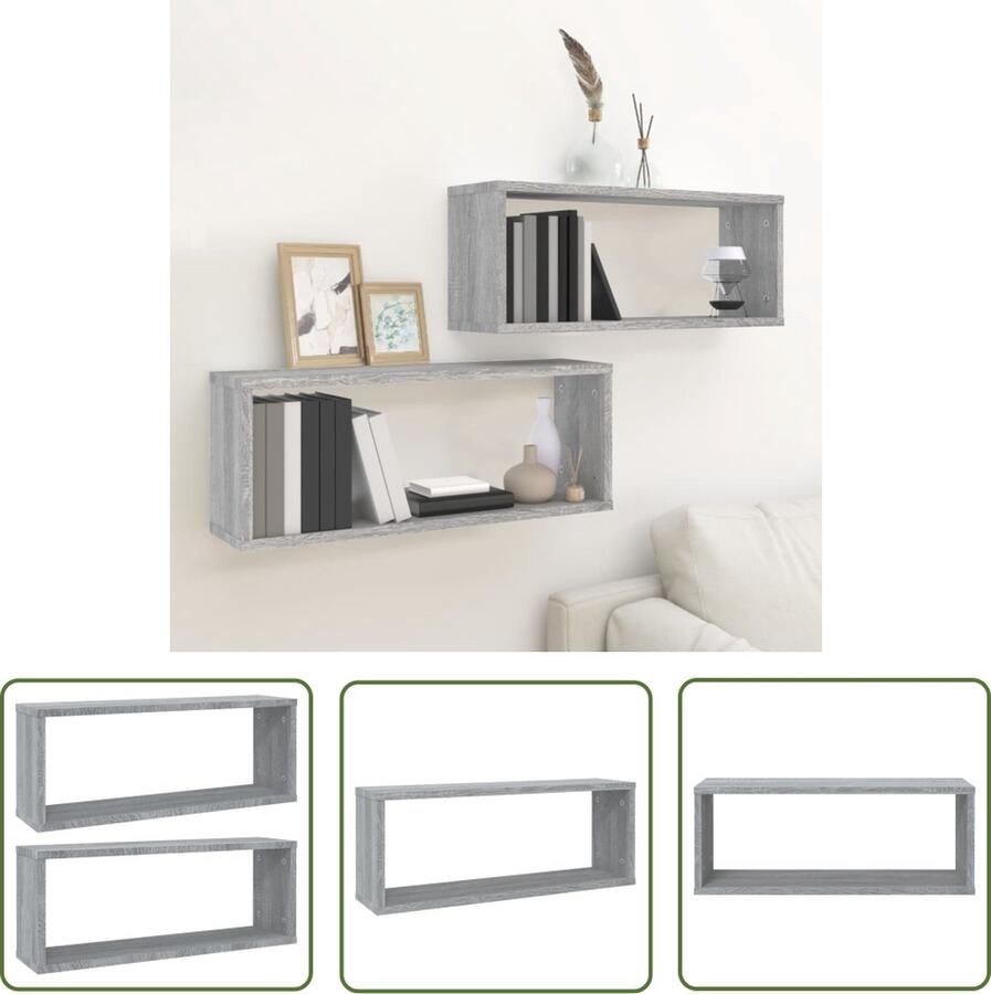 VidaXL Houten Wandplank Wanddecoratie Wandschappen kubus 2 st 60x15x23 cm bewerkt hout grijs sonoma Grijze Wandkast Kubus Vormgeving Living Room Decoratie