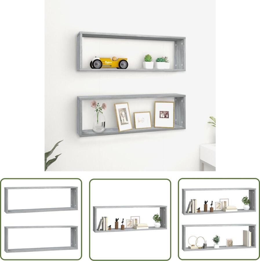 The Living Store Wandschappen kubus 2 st 80x15x26 5 cm bewerkt hout grijs sonoma Wanddecoratie Kasten Houten Kastjes Kubusschilderij Woonaccessoires