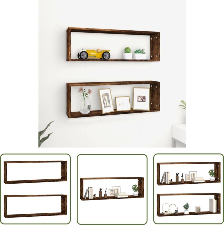 The Living Store Wandschappen kubus 2 st 80x15x26 5 cm hout gerookt eikenkleurig Wanddecoratie Kubusschilderij Houten Wandenplank Kasten Set Bergruimte