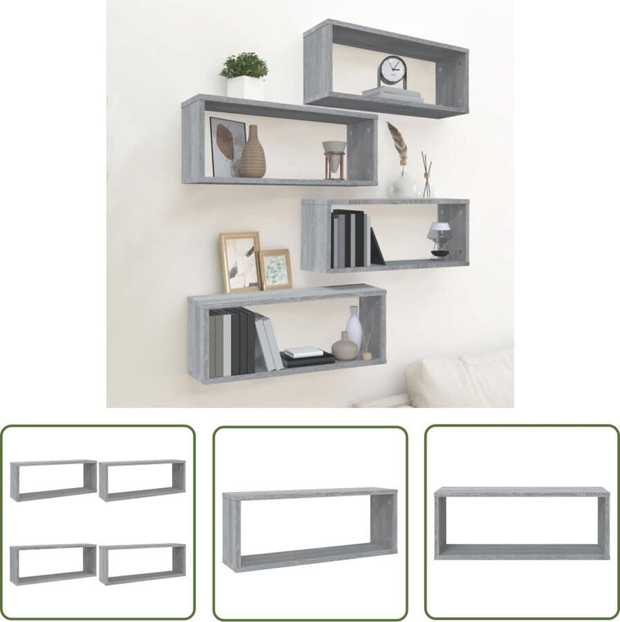 The Living Store Wandschappen kubus 4 st 60x15x23 cm bewerkt hout grijs sonoma Kubus Wandenplank Wanddecoratie Houten Plank Opbergkast Badkamer Kastje