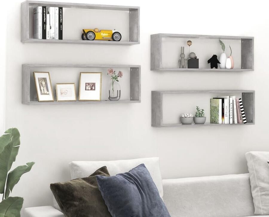 VidaXL Houten Wandplank Wanddecoratie Wandschappen kubus 4 st 80x15x26 5 cm bewerkt hout betongrijs Kubus Vormgeving Grijze Kast Bergruimte