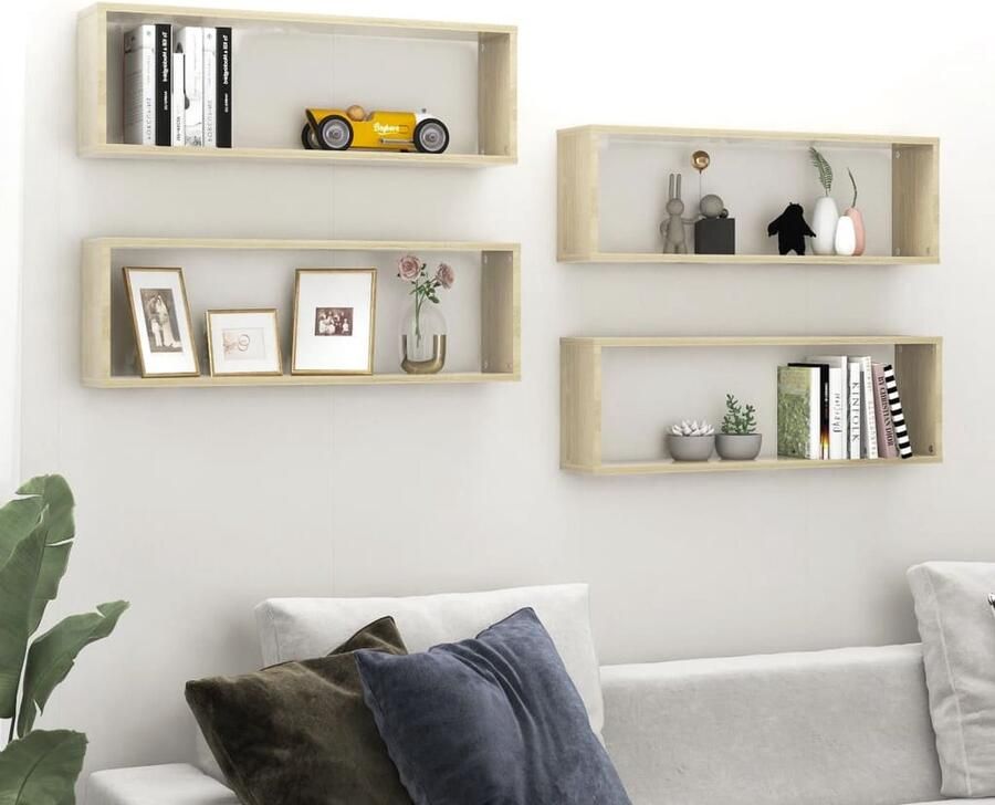 VidaXL Houten Wandplank Wanddecoratie Wandschappen kubus 4 st 80x15x26 5 cm bewerkt hout sonoma eiken Salontafel Badkamerkast Keukenopstelling