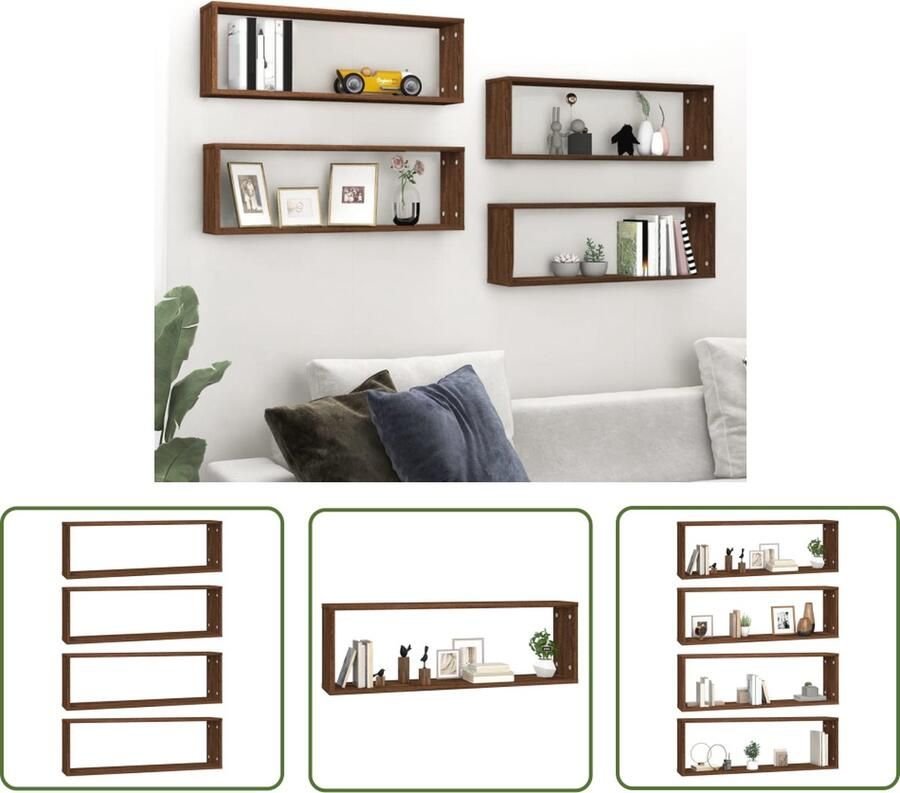 The Living Store Wandschappen kubus 4 st 80x15x26 5 cm hout bruin eikenkleur Wanddecoratie Houten Wandplank Kubusschilderij Opbergvakken Woonaccessoires