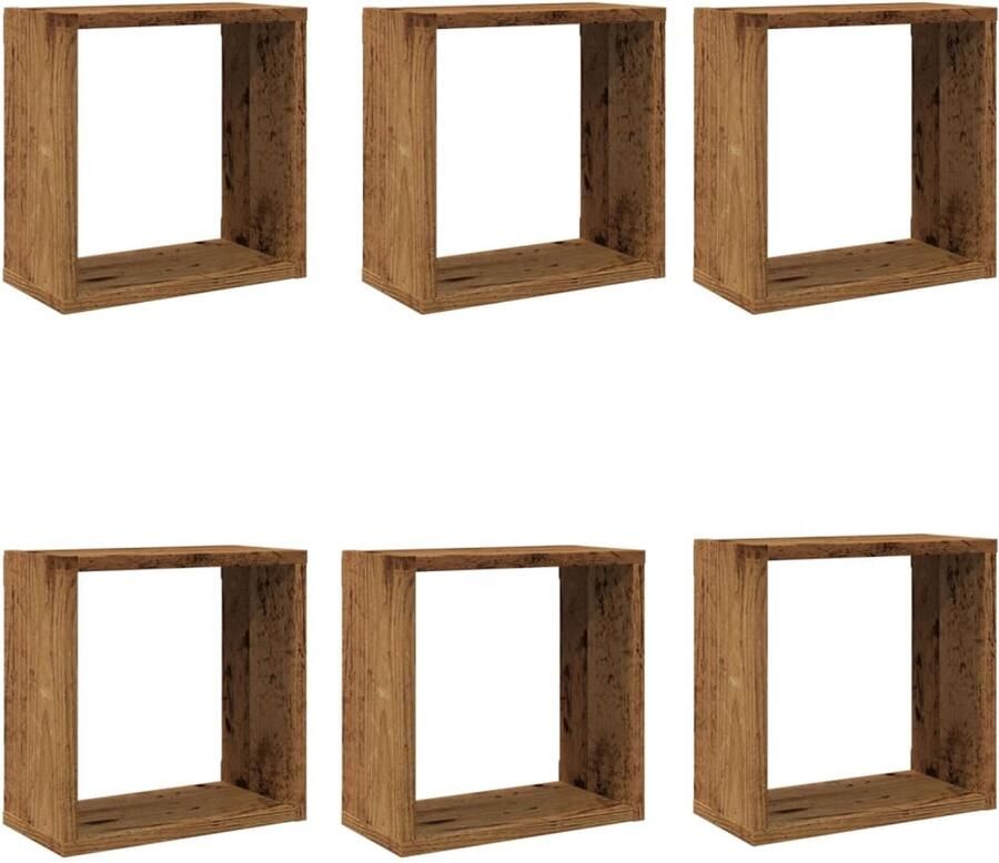 The Living Store Wandschappen kubus 6 st 30x15x30cm bewerkt hout oud houtkleurig Wanddecoratie Houten Wandplank Opslagoplossing Kubus Design Vintage Look