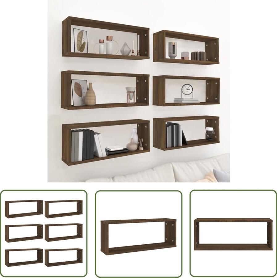 The Living Store Wandschappen kubus 6 st 60x15x23 cm bewerkt hout bruin eiken Kubus Wandenplank Wandrek Houten Wandpaneel Bergruimte Kastje