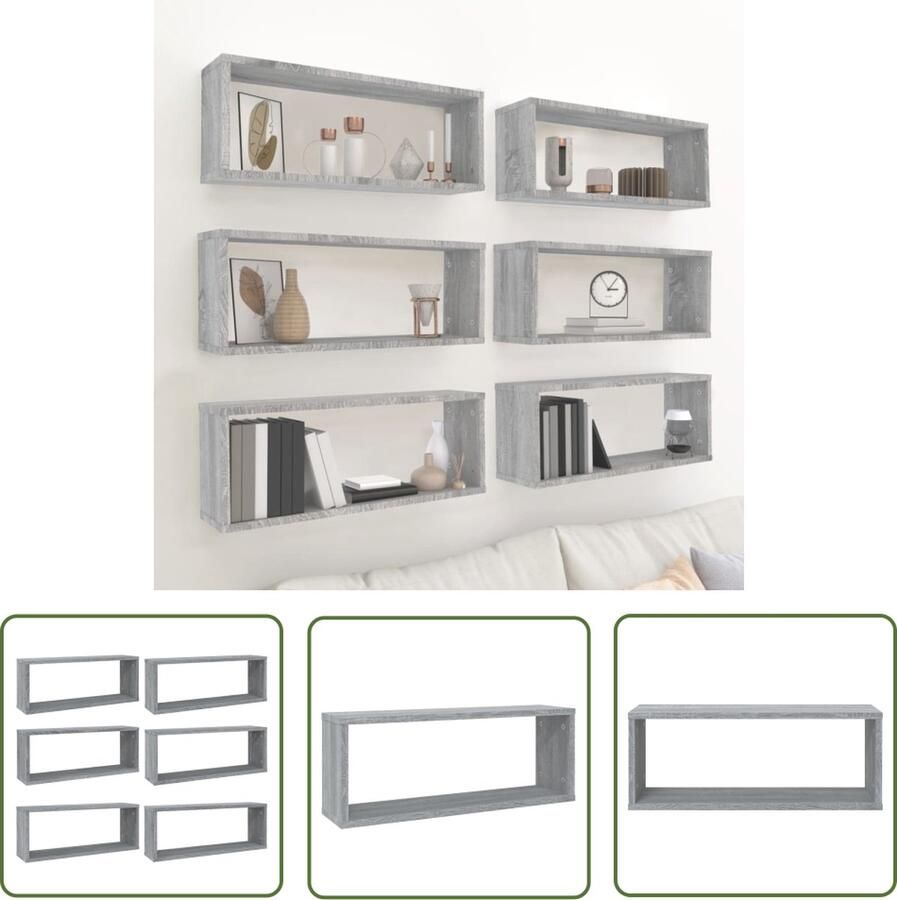 The Living Store Wandschappen kubus 6 st 60x15x23 cm bewerkt hout grijs sonoma Kubus Wandschappen Houten Wandplank Grijze Wanddecoratie Opbergwand Woonaccessoires