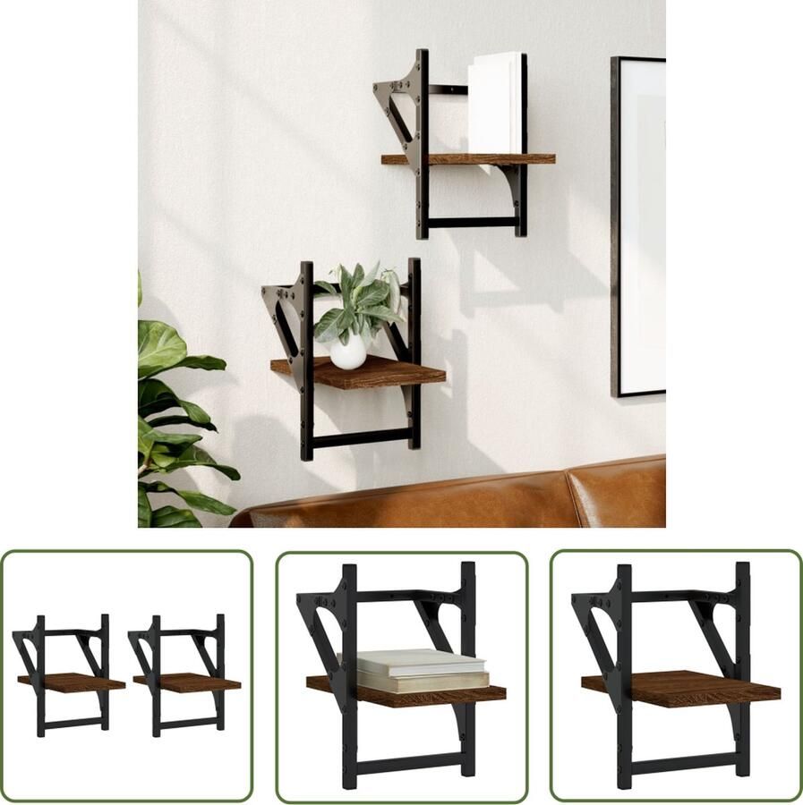 The Living Store Wandschappen met stangen 2 st 20x25x30 cm bruin eikenkleur Wanddecoratie Houten Wandplanken Woonaccessoires Bruine Meubels Opbergmogelijkheden - Foto 2