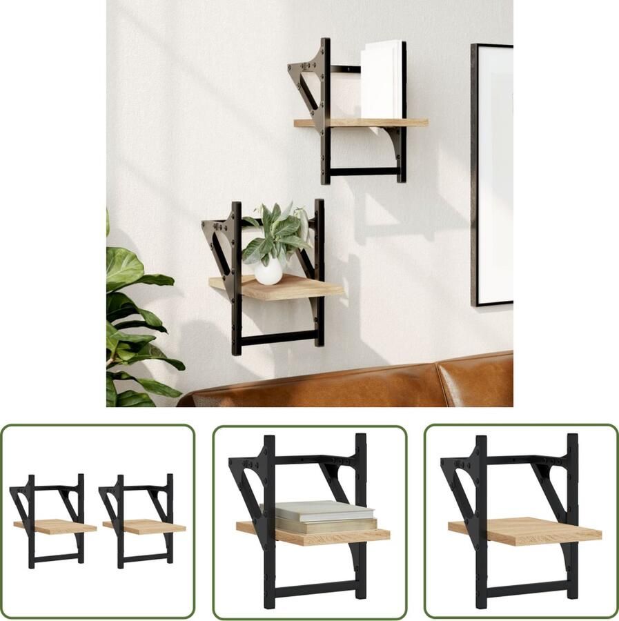 The Living Store Wandschappen met stangen 2 st 20x25x30 cm sonoma eikenkleurig Wanddecoratie Houten Wandplanken Zwevend Plank Sonome Eiken Meubels Opbergruimte