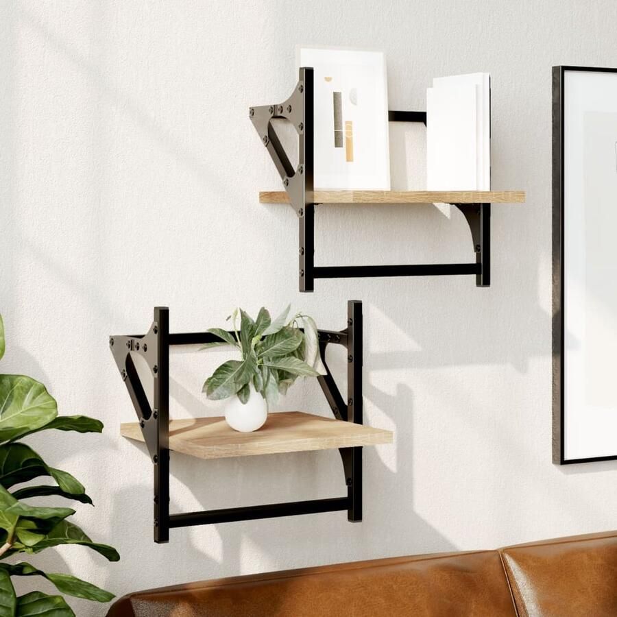 The Living Store Wandschappen met stangen 2 st 30x25x30 cm sonoma eikenkleurig Wanddecoratie Houten Wandplanken Badkamer Accessoires Salon Meubels Livingaccessoires - Foto 2