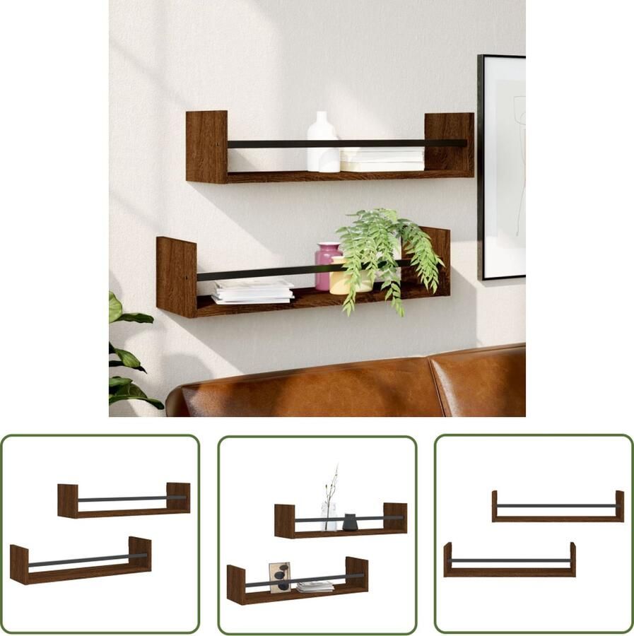 VidaXL Houten Wandplank Wanddecoratie Wandschappen met stangen 2 st 60x16x14 cm bruin eikenkleur Opslagmogelijkheid Badkameraccessoires Keukenaccessoire