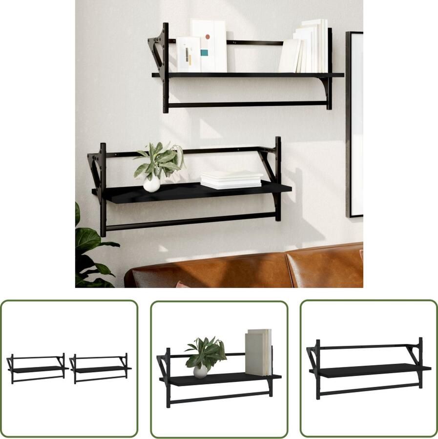 The Living Store Wandschappen met stangen 2 st 65x25x30 cm zwart Zwevende Wanden Wanddecoratie Houten Wandplanken Zwarte Wandkasten Opbergwand - Foto 2