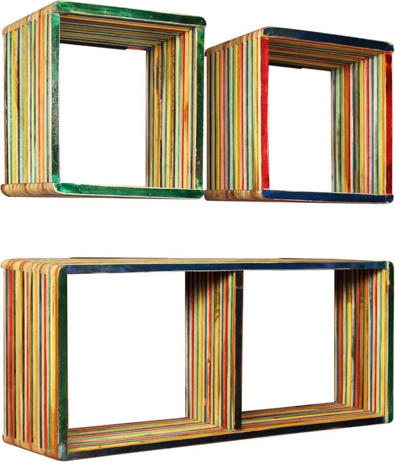 VidaXL Houten Wandplank Wanddecoratie Wandschappenset massief gerecycled teakhout meerkleurig 3-delig Vintage Wandrek Multifunctionele Plank Badkamerkast