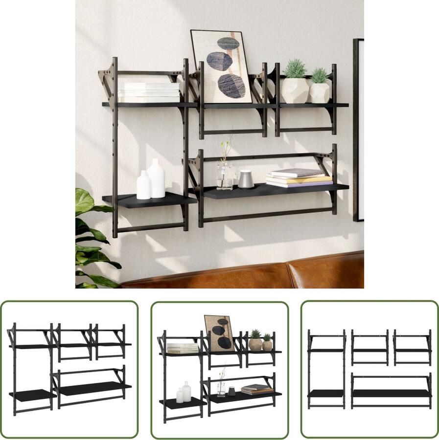 The Living Store 4-delige Wandschappenset met stangen bewerkt hout zwart Wanddecoratie Wandplanken Houten Wandopbergen Metalen Wandopbergen Zwevend Rek