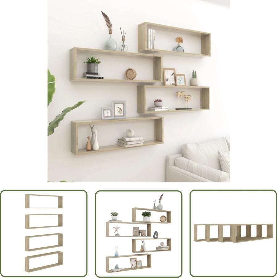 The Living Store Wandschappen kubus 4 st 100x15x30 cm bewerkt hout sonoma eiken Wanddecoratie Houten Wandplank Kubusschrankje Salon Meubilair Badkamer Accessoires