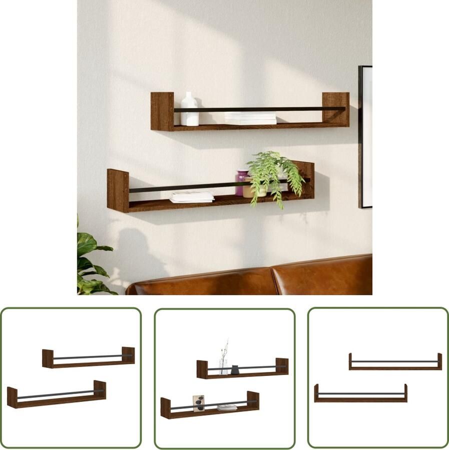 The Living Store Wandschappen met stangen 2 st 80x16x14 cm bruin eikenkleur Zwevende Wandschappen Houten Wandplanken Wanddecoratie Opbergruimte Bruine Eiken Kleur