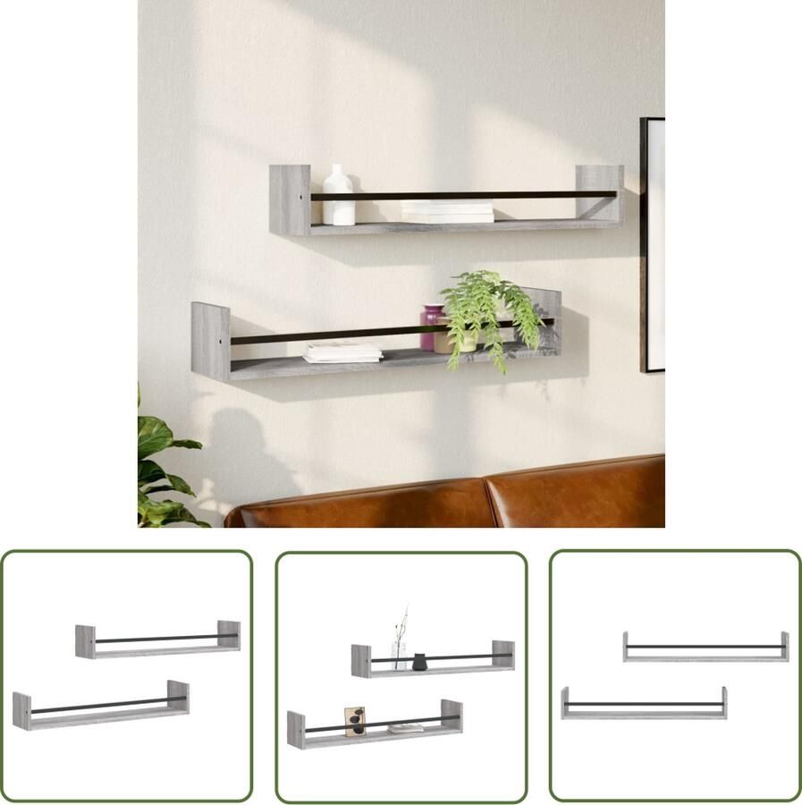 The Living Store Wandschappen met stangen 2 st 80x16x14 cm grijs sonoma Zwevende Wandenplanken Houten Wanddecoratie Wandopbergers Grijze Wandkasten Salon Meubilair - Foto 3