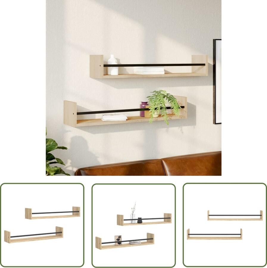 The Living Store Wandschappen met stangen 2 st 80x16x14 cm Sonoma eikenkleurig Zwevende Wandenplanken Houten Wanddecoratie Wandkasten Wandmontage Opslagmogelijkheden