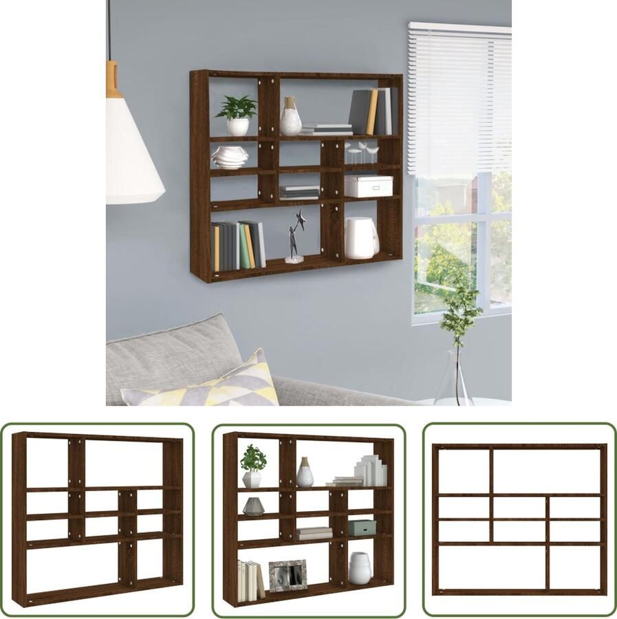 The Living Store Wandschap 90x16x78 cm bewerkt hout bruin eikenkleur Wanddecoratie Houten Wandplankje Bergruimte Opslagkast Living Room Decor