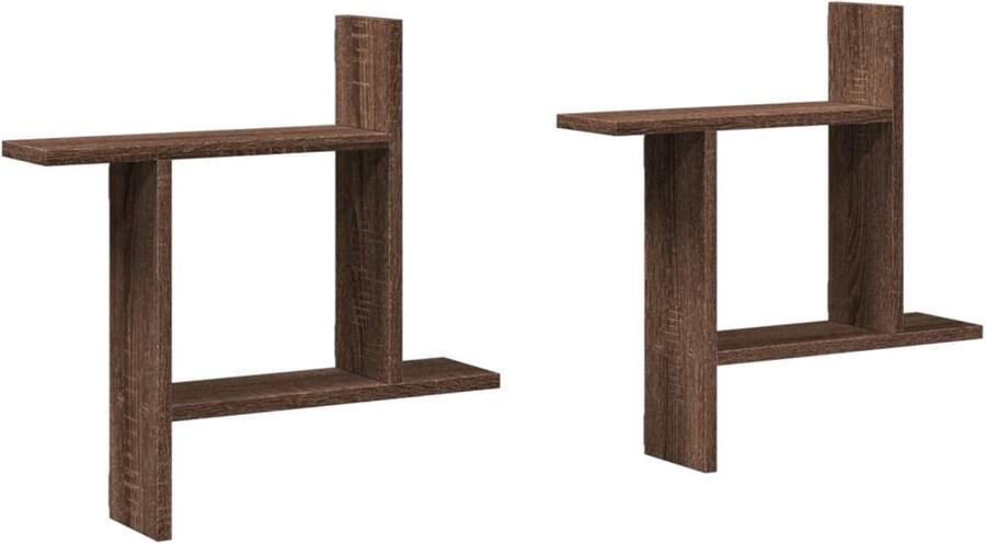 The Living Store Wandschappen 2 st 50x12x50 cm bewerkt hout bruin eikenkleurig Wandplanken Houten Planken Opbergplank Muurschrankje Zwevende Kastjes