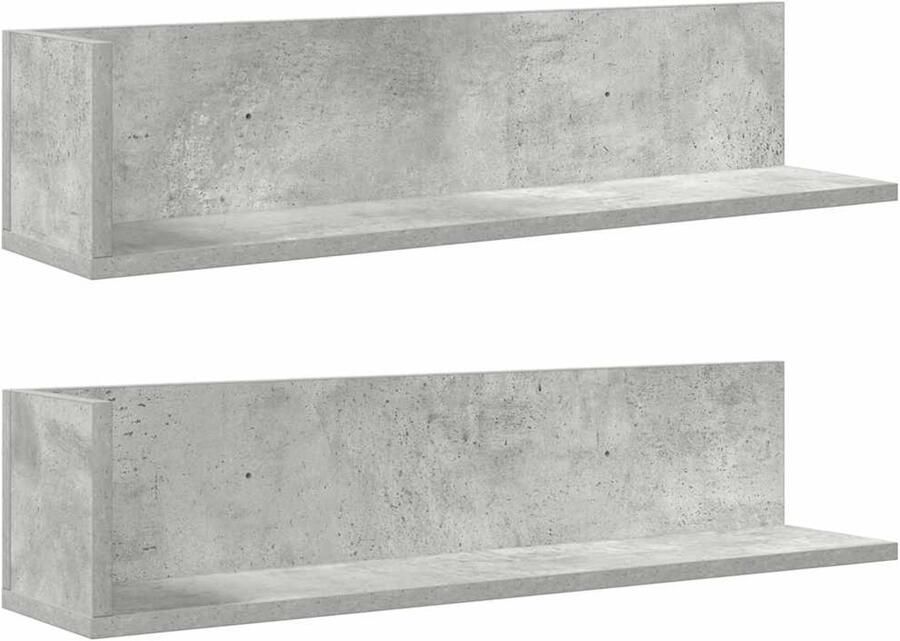 The Living Store Wandschappen 2 st 75x16 5x16 5 cm bewerkt hout betongrijs Wandplank Houten Wandplank Zwevende Plank Bergruimte Decoratief