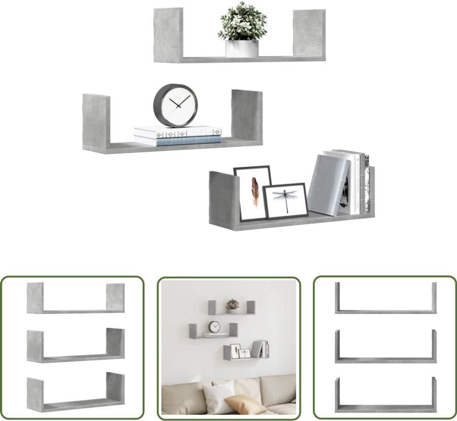 The Living Store Wandschappen 3 st 58x18x18 cm bewerkt hout betongrijs Zwevende Wandplank Wandplanken Betonnen Look Opbergruimte Houten Wandplank