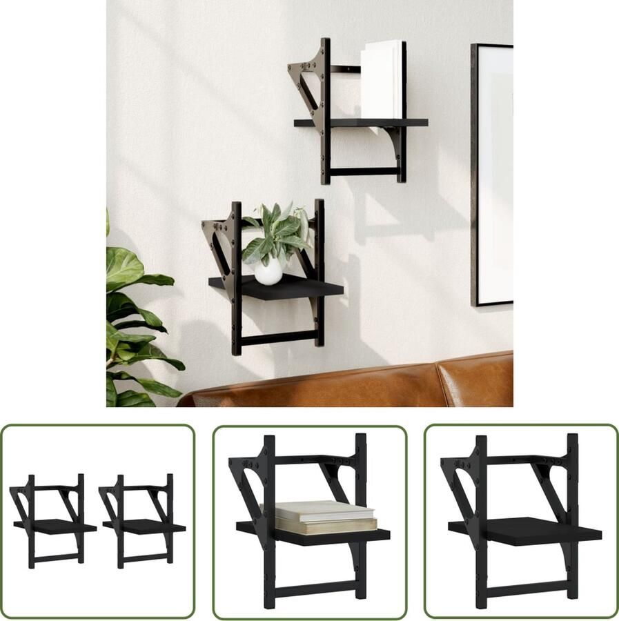 The Living Store Wandschappen met stangen 2 st 20x25x30 cm zwart Zwevende Wanden Wandplanken Houten Wanddecoratie Zwarte Wandregels Opbergwand - Foto 2