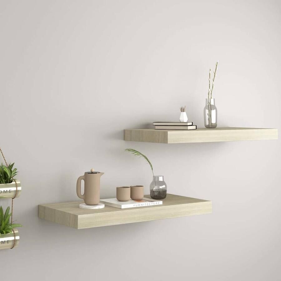 The Living Store Wandschappen zwevend 2 st 50x23x3 8 cm MDF eikenkleurig Wandplank Zwevende Plank Houten Plank Eiken Kleur Salondecoratie