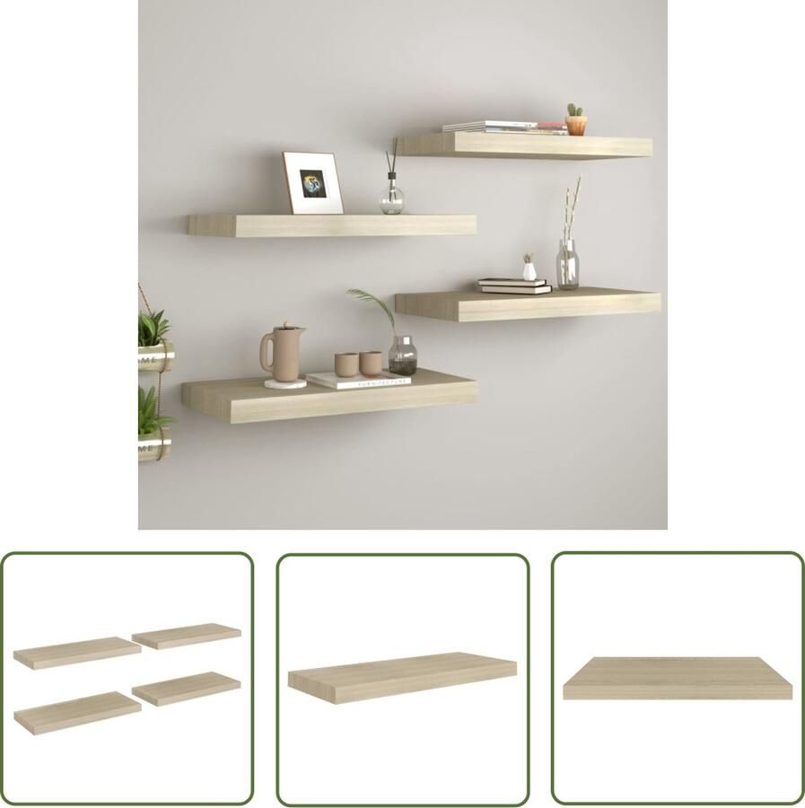 The Living Store Wandschappen zwevend 4 st 60x23 5x3 8 cm MDF eikenkleurig Wandplank Wandendecoratie Opbergruimte Honey Comb Mdf Houten Plank
