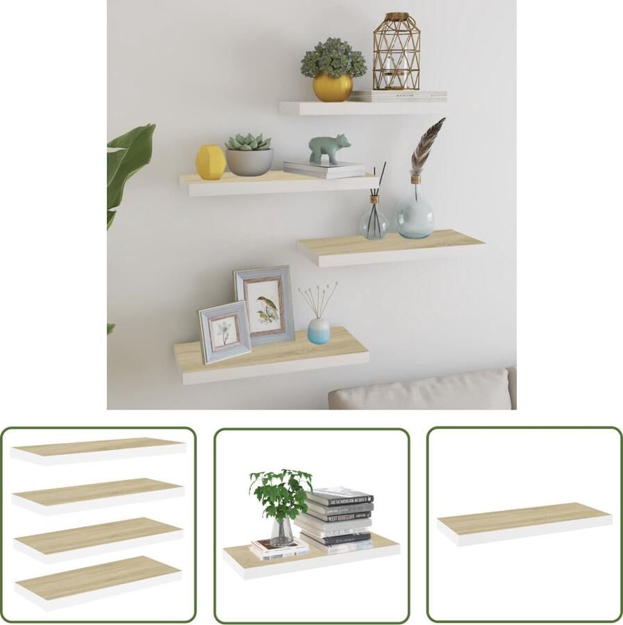 VidaXL Houten Wandplank Zwevende Wandplanken Wandschappen zwevend 4 st 60x23 5x3 8 cm MDF eikenkleurig wit Mdf Wandrek Eiken Kleurige Wanddecoratie Minimalistische Wandopstelling
