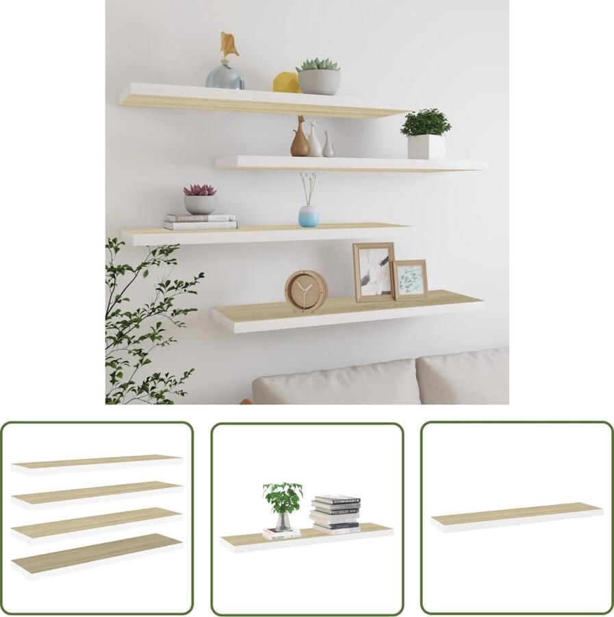 VidaXL Houten Wandplank Zwevende Wandplanken Wandschappen zwevend 4 st 90x23 5x3 8 cm MDF eikenkleurig wit Eiken Wanddecoratie Wit Wandrek Opslagwand