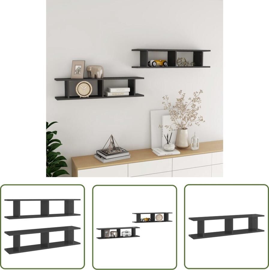 VidaXL Houten Wandplanken Wanddecoratie Wandschappen 2 st 90x18x20 cm bewerkt hout hoogglans grijs Grijze Wandkasten Opslagoplossing Living Room Decor