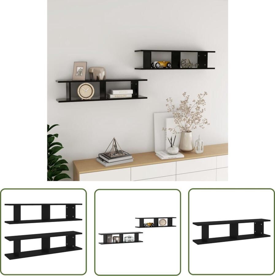 VidaXL Houten Wandplanken Wanddecoratie Wandschappen 2 st 90x18x20 cm bewerkt hout zwart Zwarte Wandkasten Minimalistisch Wonen Woonaccessoires