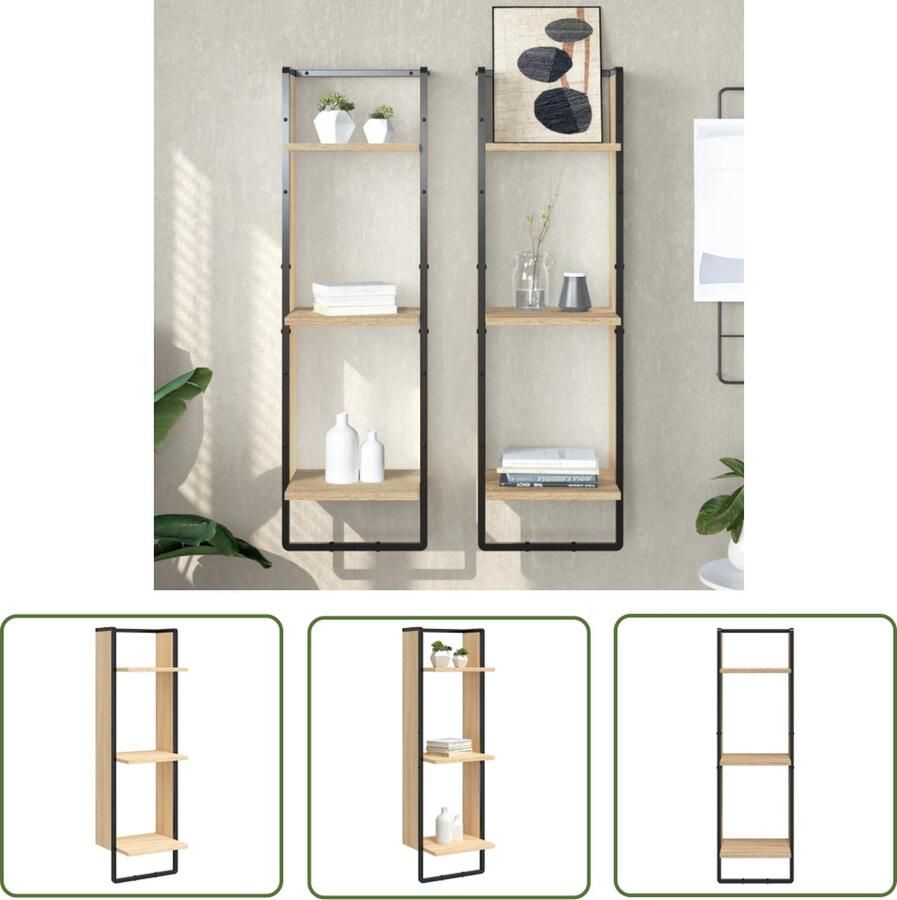 VidaXL Houten Wandrek 3-laags 30x25x100 cm bewerkt hout sonoma eikenkleurig Sonoma Eiken Kleur Bruine Wanddecoratie Opbergplank