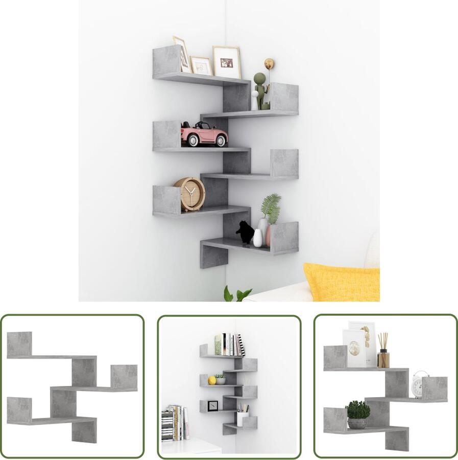 VidaXL Houten Wandrek Hoekwandplank Hoekwandschappen 2 st 40x40x50 cm bewerkt hout betongrijs Bergruimte Creëren Betonnen Grijze Kast Modern Woonaccessoire