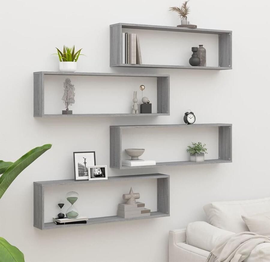 VidaXL Wandschappen kubus 4 st 100x15x30 cm bewerkt hout grijs sonoma Wanddecoratie Houten Wandrek Grijze Wandkasten Minimalistisch Wonen Bergruimte