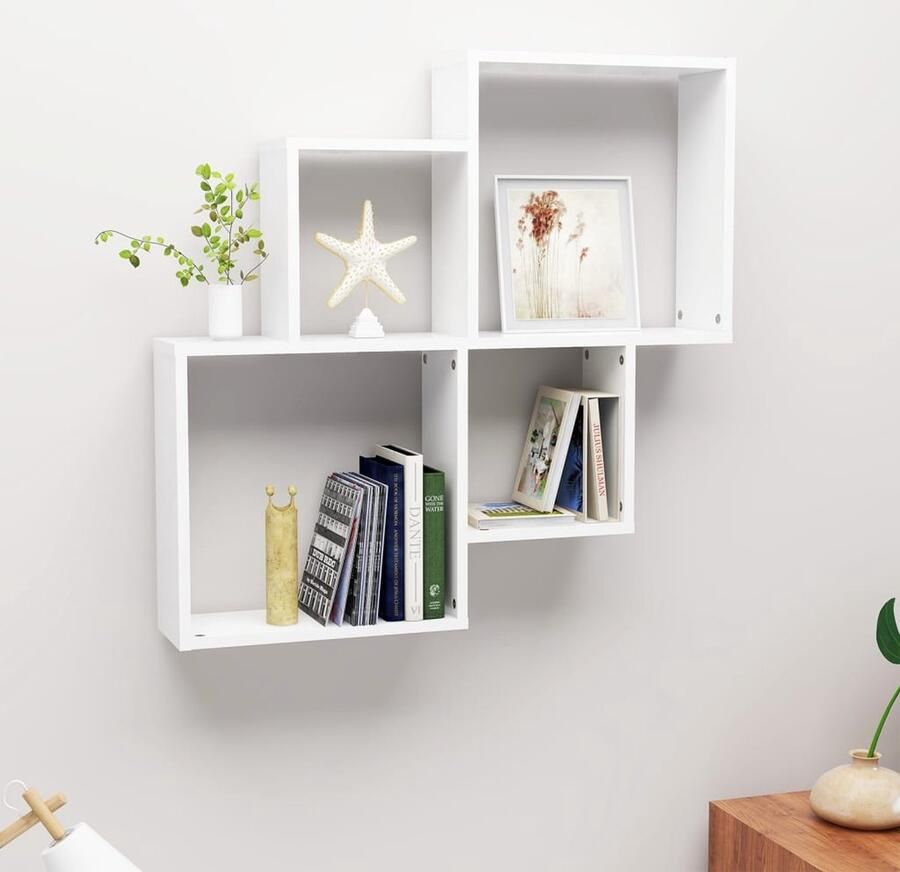 The Living Store Wandschap kubus 80x15x78 5 cm bewerkt hout wit Kubuswandschap Wandschap Houten Kast Bergruimte Woonaccessoires