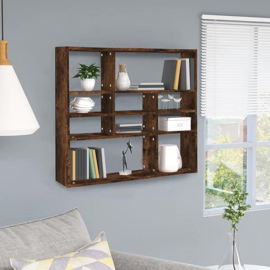 The Living Store Wandschap 90x16x78 cm bewerkt hout gerookt eikenkleurig Wanddecoratie Houten Wandrek Bergruimte Opbergkast Livingroom Decor
