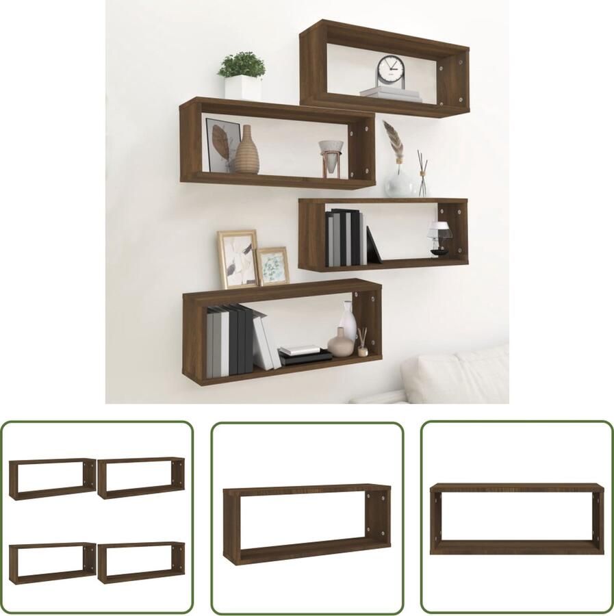 VidaXL Wandschappen kubus 4 st 60x15x23 cm bewerkt hout bruin eiken Kubus Wandschappen Houten Wandschappen Bruine Kastjes Badkamerkast Woonaccessoires