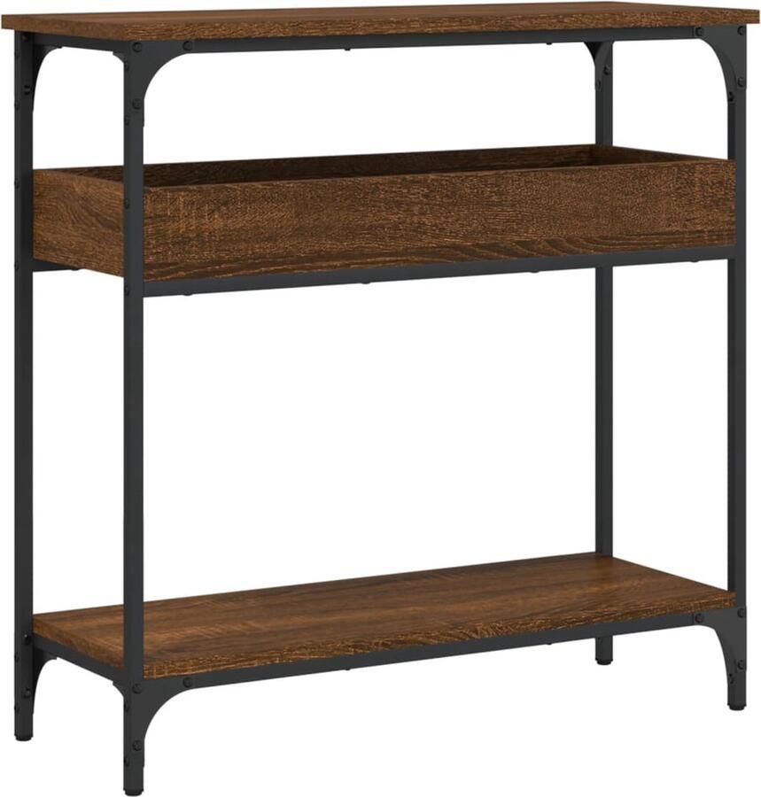 The Living Store Wandtafel met schap 75x29x75 cm bewerkt hout bruin eikenkleur Haltafel Wandtafel Industrieel Design Houten Tafel Metalen Frame
