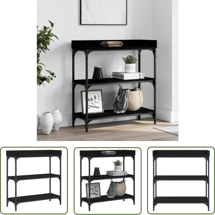 The Living Store Wandtafel met schappen 75x30x80 cm zwart Wandtafel Industrieel Houten Tafel Opbergruimte Entreetafel
