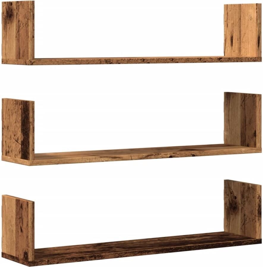 VidaXL Houtschilderij Wandplanken Wandschappen 3 st 80x18x18 cm bewerkt hout oud houtkleurig Opslagoplossing Vintage Design Industriële Stijl