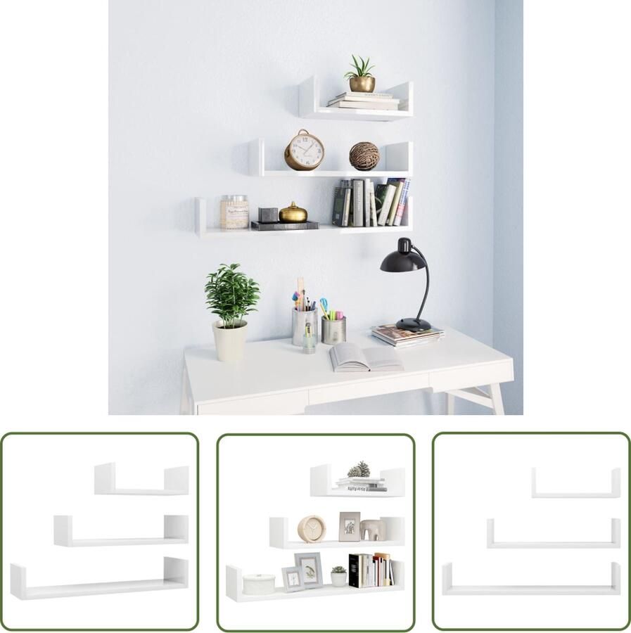 VidaXL Houtschilderij Wandplanken Wandschappen 3 st bewerkt hout hoogglans wit Opslagoplossing Woonaccessoires Modern Interieur