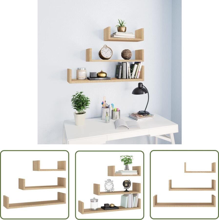 The Living Store Wandschappen 3 st bewerkt hout sonoma eikenkleurig Wandplank Houten Plank Sonomaplank Opbergplank Decoratieve Plank